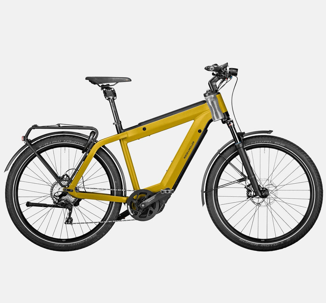 Riese & Muller Supercharger2 GT Touring Suspension E-Bike with Bottle Carrier, Pannier Rack, and Thudbuster Seatpost in Curry Matte (4719394553907)