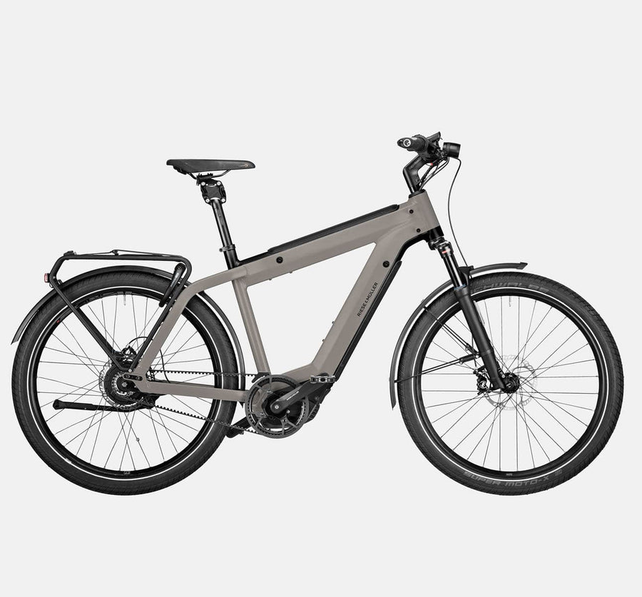 Riese & Muller Supercharger2 GT Vario Suspension E-Bike with Pannier Rack and Thudbuster Seatpost in Warm Silver Matte (4719394619443)