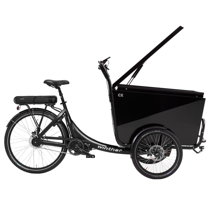 Side View of Winther CX Cargo Bike in Black with Front Cargo Box Propped Open by Dampers  (6680140841011)