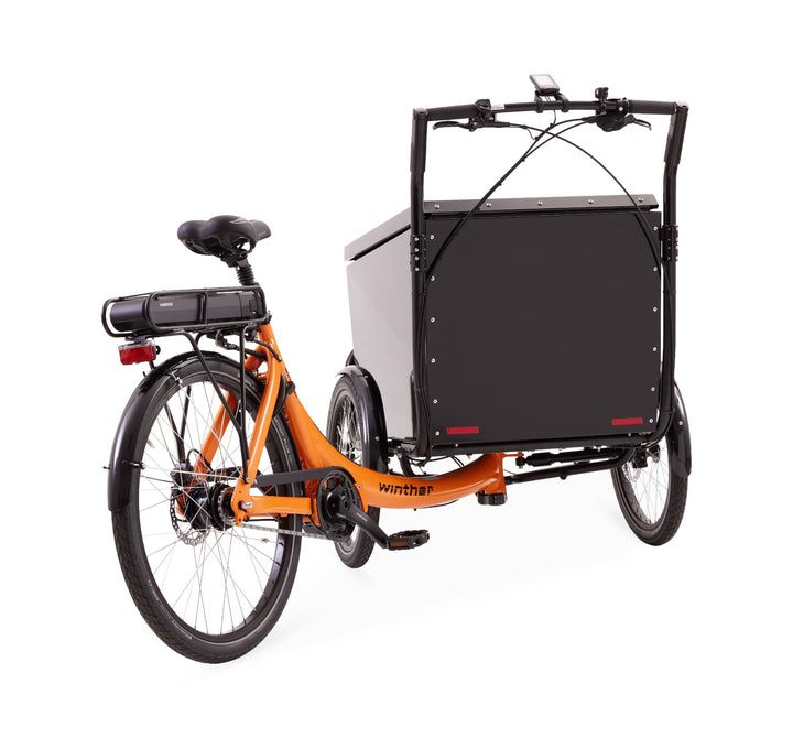 Rear View of Winther CX Cargo Bike in Orange with Black Cargo Box in Mid-Turn (6680140841011)