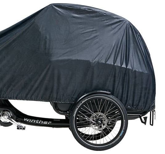 Close Up of Winther Cargo Bike Front End with Black Garage Cover on Top (6682602897459)